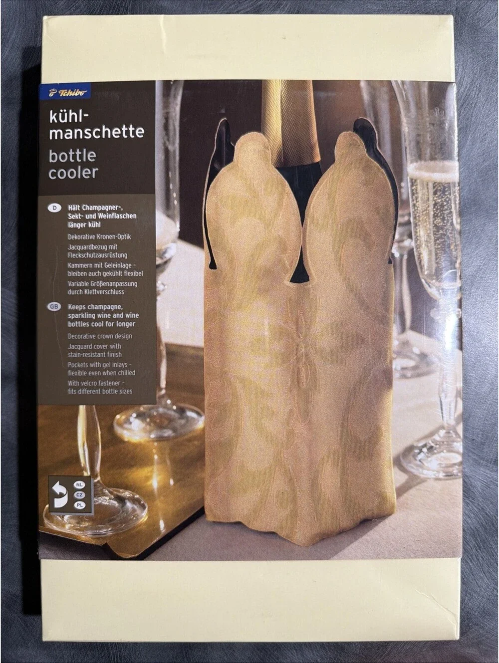 Tchibo Champagne Wine Bottle Cooler Sleeve Gold Crown Design NEW Sealed